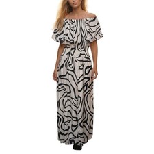 Anthro Kindred Jumpsuit Medium White Navy Swirl Off Shoulder Smocked Waist picture