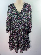Nanette Lepore Floral Mini Dress Black Pink Boho Floaty Long Sleeve UK 10 D9 picture