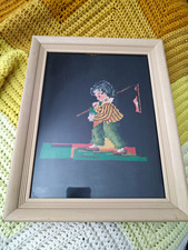 Framed Finished Needlepoint Stitch Artwork Boy Walking w/ Fishing Pole 13