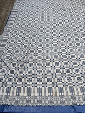 Antique Blue & White Jacquard Woven Wool Coverlet Americana  106” X 90” picture