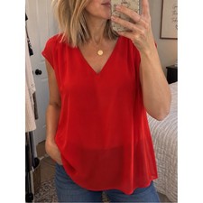 Pleione Red Chiffon Blouse XS V Neck Sleeveless Shell Top Draped Workwear picture