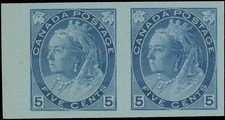 1899, CANADA-QUEEN VICTORIA NUMERAL 5C BLUE, L. MARGIN HORIZ IMPERF. PAIR, U.#79 picture