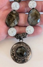 Vtg Sterling Silver Labradorite Crackle Glass Amulet Beaded 22