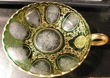 Antique Mosser Glass Emerald Green Floral Etched Gold Trim Applied Handle Candy picture