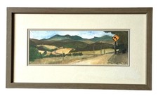 Original Watercolor Painting Mountain Landscape Road Curve Framed Art 17 x 9.5