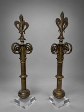 Pair of 19th C, French Brass Fleur-de-Lis Gate Post Finials on Lucite Bases picture
