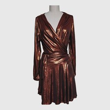 Beulah Style Metallic Bronze Wrap Dress V-Neck Long Sleeve Belted Tie L picture