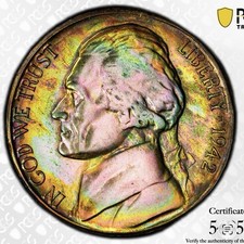 PCGS MS65 LUSTER INSANE RAINBOW TONING 1942S Jefferson Wartime Silver 5C Nickel picture