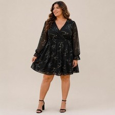 Torrid Studio Knit Babydoll Dress Size 1 (1X) Black Bird Surplice Sheer Sleeve picture