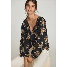 Anthropologie Bohemian Black Floral Pilcro Sidney Shrunken Scoop-Neck Blouse XL picture