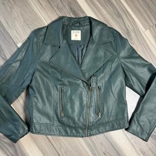 Vintage-inspired dark green faux leather moto jacket by Ruff Hewn picture