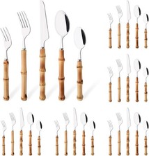 30PCS Silverware Set for 6, Bamboo Handle Flatware Set, Stainless Steel Cutlery  picture