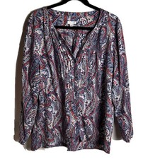 J. JILL Womens Button Up Blouse Sz L Blue Red Paisley Tencel Blend Long Sleeve picture