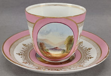 British Hand Painted Landscape Pink Bone China Coffee Cup & Saucer C. 1860-1870s picture