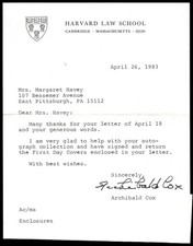 Watergate Archibald Cox Signed 1983 Letter  Auto -Vintage Autograph picture
