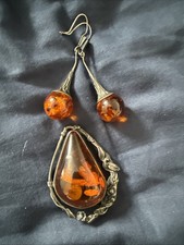 Amber Broach and Earrings 925 Sterling Silver Vintage Jewelry Real Amber picture
