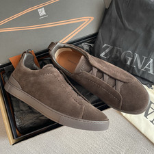 Men's Zegna Triple Stitch Brown Suede Slip-On Low Top Casual Luxury Sneakers  picture