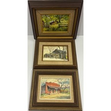 Framed Mini Watercolor Paintings, Rustic Americana Art Set, Signed R. Baker picture