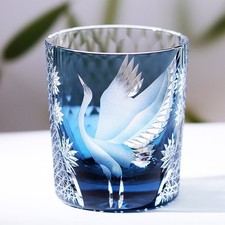Japanese Style Edo Kiriko Glass Whisky Glass Tumbler Hand Cut To Clear Blue 9oz picture