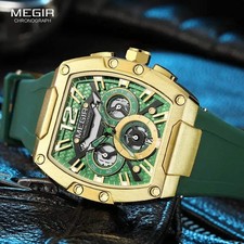 MEGIR Fashion Sport Quartz Watch for Men Waterproof Golden Green Silicone Strap picture