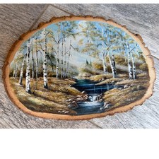 Hand Painted Wood Slice Landscape Birch Forest Stream Rustic Art Signed C Taylor picture
