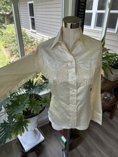 Vintage 70s Stage West Ivory Satin Fringe Western Button-Up Shirt XS Made in USA picture