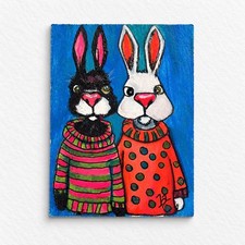 Asked To Leave Rabbits ACEO Hand Painted Original Funny Suspicious Bunny Art picture