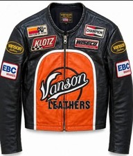 Vanson Leathers Racing Motorcycle Jacket Black & Orange Leather Biker Coat picture