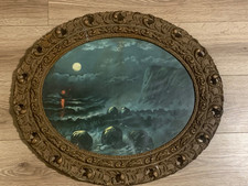 Antique c.1900 Chromolithograph Moonlight Seascape Ornate Oval Frame picture