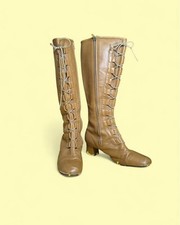 Vintage 60s 70s Tan Leather Lace Up Tall Knee High Boots Size 9.5 picture