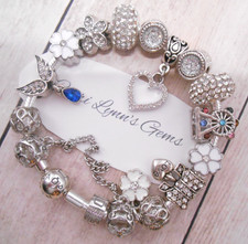 PANDORA SILVER CHARM BRACELET WITH CRYSTAL HEART & LOVE CHARMS & GIFT BOX picture