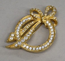 Vintage Signed NOLAN MILLER Bow/Ribbon Gold Tone Brooch w/Rhinestones, SM1145 picture