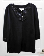New St John USA $795rt Black Knit Studded Button V-Neck Tunic Sweater sz S picture
