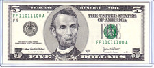 2003-A $5 Federal Reserve Note UNCIRCULATED 0/1 True Binary #FF11011100A picture