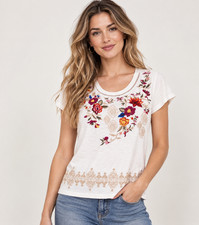 NWT Caite Vita Top Cream Off-White Floral Embroidered Roses S Small Round Neck picture