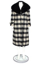 Vtg BILL BLASS 70's Black Cream Plaid Long Coat Fur Collar Jacket sz S /759 picture