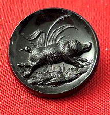 Medium Antique Black Glass BOAR Button #1518 picture