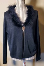 JOSEPH A Qu'est Silk Knit Long Length Sleeve Black Silk Top Faux Fur Trim sz XL picture