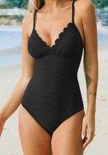 NWT Cupshe Womens One Piece Swimsuit Size Extra Large Scalloped Black Textured picture