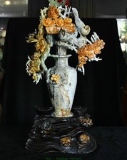 18.5''Chinese Natural Xiu Jade Carved Fengshui Flower Bird Bottle Vase Statue picture