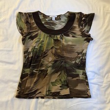 Dressbarn Women’s Knit Blouse Scoop Neck Short Sleeve Abstract Green Brown L picture