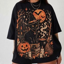 Halloween Shirt, Vintage Black Cat Ghost Tee, Spooky Pumpkin Witch T-Shirt picture