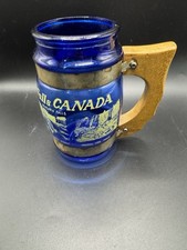 Vintage Cobalt Blue Glass Barrel Mug Niagara Falls Canada Wooden Handle Souvenir picture