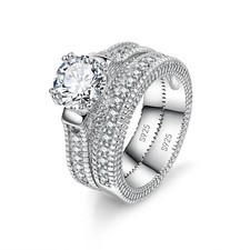 Elegant Wedding Engagement Couple Rings Set 925 Sterling Silver Cubic Zirconia picture
