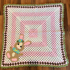Handmade Crocheted Baby Blanket Bunny White Pink Green Colorful Soft picture