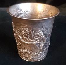 Antique 800 Silver Repousse Cup/Goblet Figural Hunting Scene Relief picture