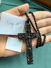 Hand Carved Jet Black Glass Catholic Prayer Rosary Cross Pendant Necklace 18” picture