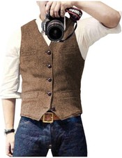Mens Tweed Suit Vest Retro Herringbone Western Groom Formal Dress Waistcoat Vest picture