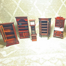1:12 Dollhouse Miniature Brown Wood/Glass 5pc Furniture Lot Cabinet Clock picture