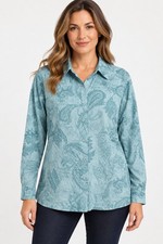 Dressbarn Women’s Paisley Button Front Blouse Blue Teal Long Sleeve picture